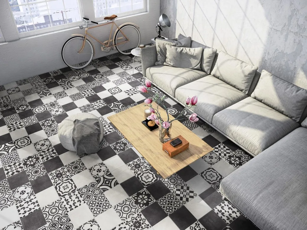 Sintesi FLOW fekete-fehér patchwork csempe